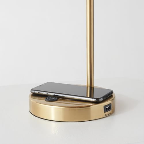 Brightech Elizabeth Table Lamp with Wireless Charging Pad and USB Port, Bedside Reading Lamp, Vintage Brass Gold Desk Lamp, Nightstand Lamp with LED Bulb for Bedroom, Living Room, Office