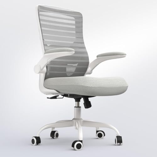 Office Desk Chair for Long Hours & Lower Back Pain Relief – 4“ Thick Molded Foam Cushion, Enhanced Lumbar Support, Padded Flip-up Armrests, Ideal for Office or Study (Light Gray)