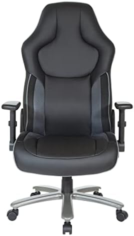 OSP Home Furnishings ECH Series Big and Tall Bonded Leather Gaming Chair for Up to 350 Pounds with Height Adjustable Flip Arms and Metal Base, Grey Mesh