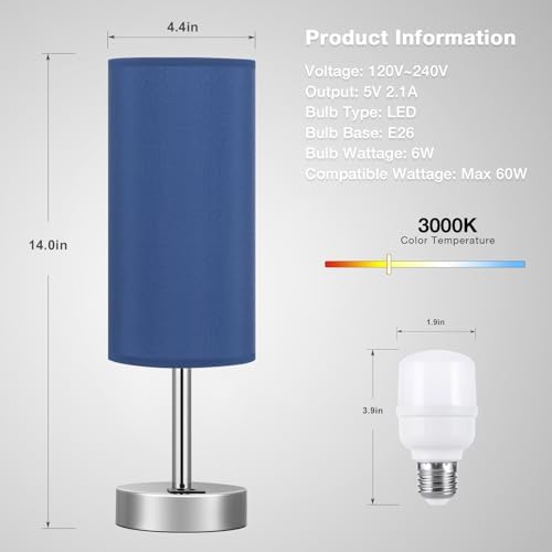Blue Touch Table Lamp for Bedroom - Bedside Desk Lamp for College Dorm