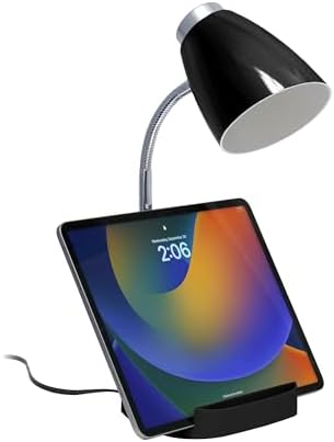 Simple Designs LD1067-BLK Compartmental Desk Lamp with iPhone/iPad/Tablet Stand, Bendable Gooseneck, for Office, Living Room, Nightstand, Library, Entryway, Black