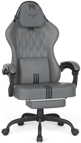 Ferghana PU Leather Gaming Chair – Wider Seat Cushion, Diamond Double-Stitching, Ergonomic High Back with Footrest, Computer Gamer Chair Featuring Massage Lumbar Support for Adults (Gray/Black)