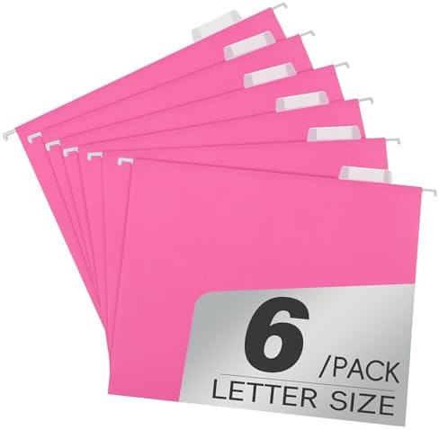 pmybupo 6 Pack Pink Hanging File Folders with Pocket,Letter Size Decorative Colored File Folder Cute Pretty Hanging Folder for Office Home School with 1/5-Cut Adjustable Tabs