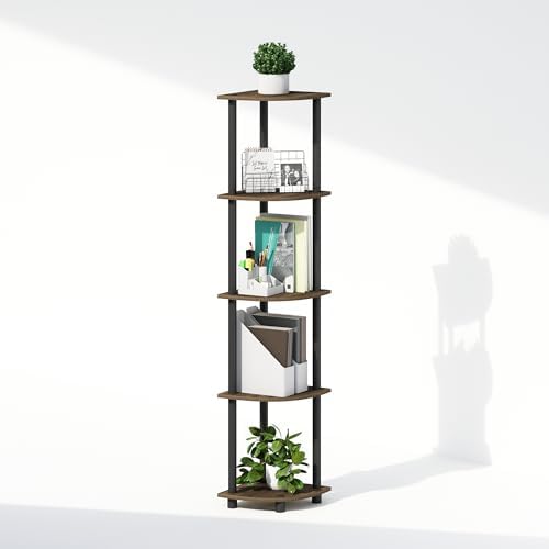Furinno Turn-N-Tube Storage Shelves, 5-Tier Book Shelf, Corner Shelf, Toolless Open Shelves, for Organization and Storage, Living Room, Home Office, Hallway, Bedroom, Columbia Walnut