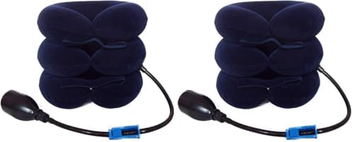Upgraded Version Premium Flannel Inflatable Cervical Neck Traction Air Inflatable Pillow Neck Head Stretcher Pain Relief Collar (for Adults, Dark Blue) (Pack of 2)