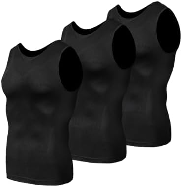 Odoland 3 Pack Men Compression Shirt Slimming Body Shaper Workout Vest