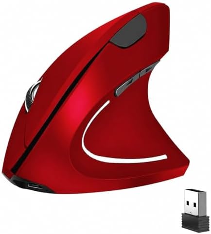 Ergonomic Vertical Wireless Mouse Stylish Rechargeable 2.4G Optical Mice Cordless Mouse with USB Receiver, 800/1200 /1600 DPI, 5 Buttons for Laptop,PC,Mac,Computer (Red)