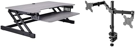Rocelco 37.5" Height Adjustable Standing Desk Converter with Dual Monitor Mount and Slide Out Retractable Keyboard Tray - Sit Stand Up Double Screen Tabletop Riser Workstation - Gray (R DADRG-DM2)