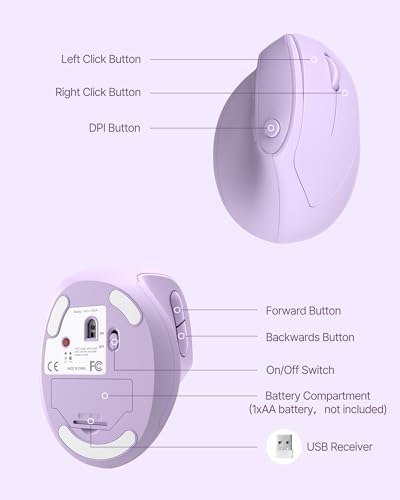 Ergonomic Mouse, USB+Bluetooth Dual Connection, Wireless Vertical Mouse for Reducing Wrist Pain, 1000/1600/2400 DPI, Ergo Mouse with Quiet Click for Windows Mac OS PC Computer Laptop, Purple