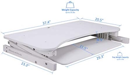 Rocelco 37.5" Deluxe Height Adjustable Standing Desk Converter with Anti Fatigue Mat BUNDLE - Quick Sit Stand Up Computer Workstation Riser - Large Retractable Keyboard Tray - White (R DADRW-MAFM)