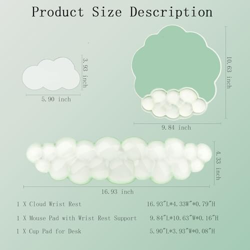 Gel Cloud Wrist Rest Keyboard Clear Green Mouse Pad with Wrist Rest Set 3PCS Ergonomic Cool Keyboard Wrist Pad Cute Acrylic Coaster Non-Slip Base Cute Transparent Mouse Wrist Pad Support for Computer