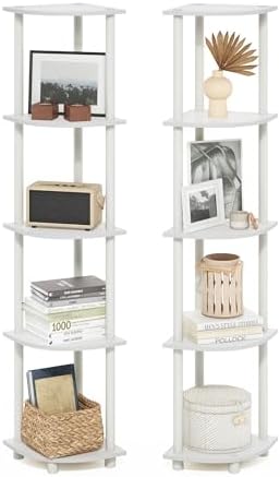 Furinno Turn-N-Tube Corner Shelf Set of 2, 5-Tier Corner Bookshelf, Open Storage Shelves, for Organization and Storage, Living Room, Home Office, Garage, White