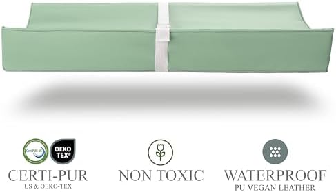 Vegan Leather Contoured Baby Changing Pad | Waterproof & Wipe-Clean PU Leather Diaper Change Mat, Soft, Wipeable Cover, Safety Strap, Non-Slip Bottom, Topper for Standard Infant Diaper Table & Dresser