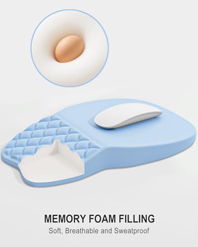 Auhoahsil Ergonomic Mouse Pad with Wrist Rest, Comfortable Slope Computer Mouse Mat with Wrist Support, Memory Foam Filling, Non-Slip Silicone Base, Pain Relief for Gaming Work, 8" x 12", Light Blue