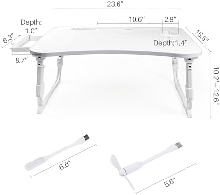 Laptop Desk for Bed, Height Adjustable Laptop Bed Table, Foldable Portable Lap Desk Stand with USB/Storage Drawer/Cup Holder/Slot, Breakfast Tray for Working Reading Writing Eating, White