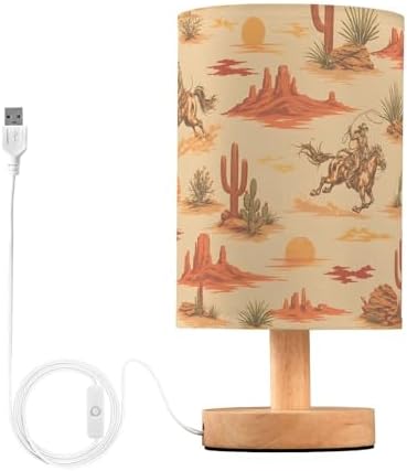 Bedside Lamp West Cowboy Horse Cactus Table Lamp for Bedroom LED Nightstand Lamp Shade USB Ports Wood Base for Living Room Dorm Office