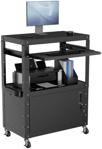 Mobile AV Cart, Adjustable Height Rolling Computer Cart with Pullout Keyboard Tray – Locking Cabinet, 3 Outlets & 2 USB Ports, Lock Brake Casters–Media Utility Cart on Wheels for Home/Office