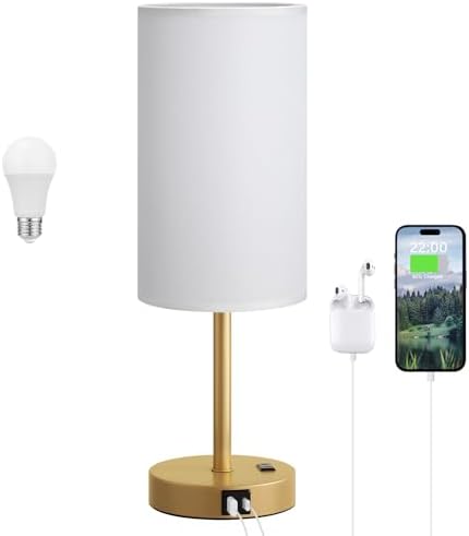 Dicoool 17.4" Bedside Lamp for Bedroom - Dimmable Touch, USB A+C, AC Outlet