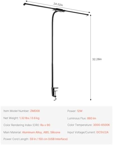 VEVOR LED Desk Lamp with Clamp, Double Head Architect Desk Lamp for Home Office, Eye-Caring Desk Light with 360° Adjustable Gooseneck, 50 Lighting Modes & Timer Function for Studying Working Drawing