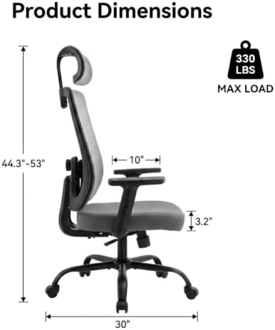 Ergonomic Office Chair, 330LBS Computer Chairs High Back with Adjustable Lumbar Support, Breathable Mesh Desk Chair Ergonomic with Thickened Cushion, Comfy Home Office Desk Chair, Gray