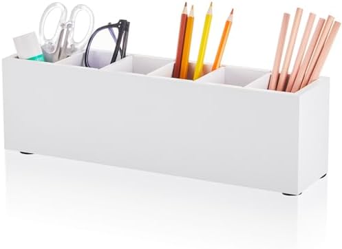 Jetec Wooden Pencil Pen Holder for Desk, White, 6 Compartments