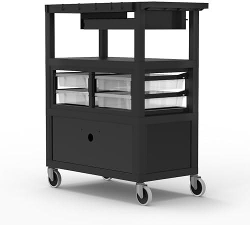 A-to-Z 289-ECMBSKBC-B Luxor 32" x 18" Deluxe Teacher Cart – Locking Cabinet, Storage Bins, Retractable Keyboard Tray, Pocket Chart Hooks, Cup Holder, Ergonomic Handle, Mobile Design, 4" Casters