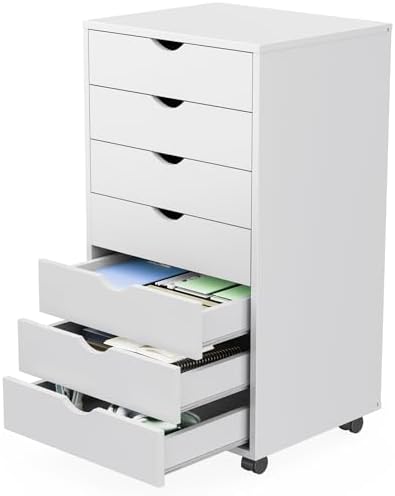 Sweetcrispy 7 Drawer Rolling Storage Cabinet, Wood Under Desk Mobile Dresser with Wheels, Small Organizer Chest for Home Office, Bedroom, Living Room, Compact Vertical Storage Furniture Unit, White