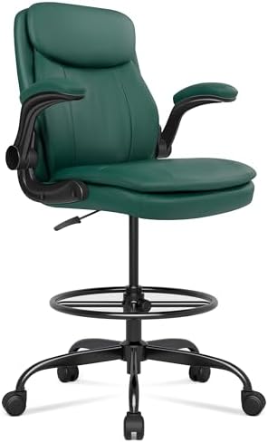 Misolant Drafting Chair, Tall Office Chair for Standing Desk, High Leather Executive Office Chair with Adjustable Height and Flip-up Armrest for Counter Height Desk Green