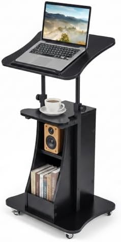 Tangkula Mobile Lectern Podium, Height Adjustable Podium Stand, Standing Sit-to-Stand Desk, Rolling Cart Laptop Desk with Swivel Top Movable Wheels & Storage
