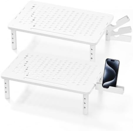 Computer Monitor Stand Riser for Desk, 3 Height Adjustable PC Laptop TV Desktop Monitor Stand Shelf, Metal Printer Table with Phone Holder, Stand Riser for Desk, Office Desk Organizers and Accessories, White 2 Pack