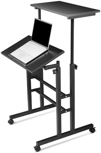 Height Adjustable Rolling Laptop Stand Table, 28-46 in for Young and Adults, Tiltable Keyboard Tray and Locking Casters for Home and Office