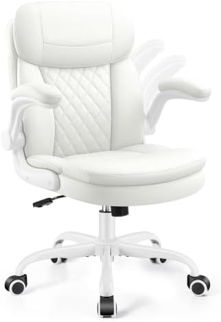 Leather Office Chair, White Computer Desk Chair with Dual Back Support