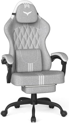 Ferghana Cotton Fabric Gaming Chair – Wider Seat Cushion, Diamond Double-Stitching, Ergonomic High Back with Footrest, Computer Gamer Chair Featuring Massage Lumbar Support for Adults (Gray/White)