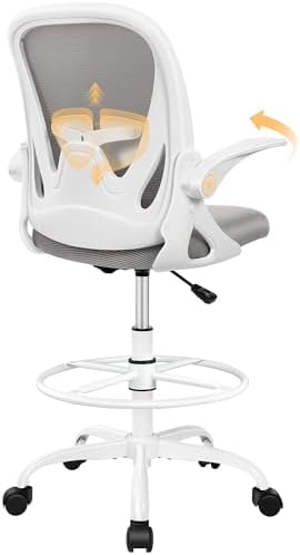 Ergonomic Drafting Chair with Flip-Up Armrests & Adjustable Footrest – Tall Office Chair for Standing Desks, Lumbar Support, Gray – Home & Office Comfort