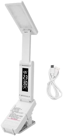 LED Desk Lamp with Clamp, Foldable Eye Care Light with Clock Thermometer