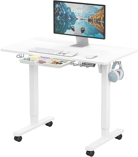 SHW Mobile Electric Height Adjustable Standing Desk w/Drawer, White