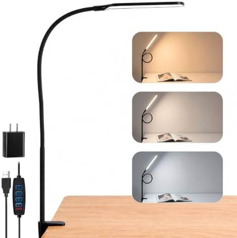 Long Gooseneck LED Clamp Desk Lamp, Eye-Caring Reading Light