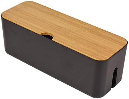 Cable Management Box with Bamboo Lid, Small Power Strip Organizer, Black