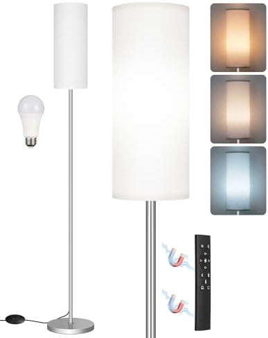 Dimmable Floor Lamps for Living Room with Remote and Foot Switch, 64.4” Modern Standing Tall Lamp, Corner Lamp for Bedroom, Office, Bulb Included, 3000K-6500K, White and Silver, FCC Listed SCW06LD05W1