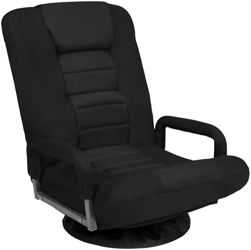 Best Choice Products Swivel Gaming Chair 360 Degree Multipurpose Floor Chair Rocker for TV, Reading, Playing Video Games w/Lumbar Support, Armrest Handles, Adjustable Foldable Backrest - Black/Black