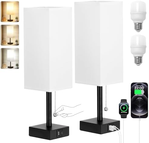 Set of 2 White Bedside Table Lamps for Bedroom - Nightstand Lamp, USB C+A