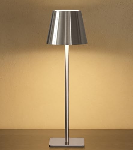 UME Cordless Table Lamp, Battery Operated Lamp - Portable Waterproof Rechargeable Table Lamp w/ 3 Color Temps & Stepless Dimming for Dinner, Desk, Cafe, Outdoor (Brushed Silver)