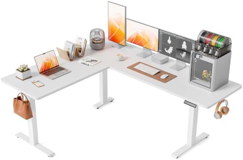 FEZIBO 75" x 63" L-Shaped Standing Desk - Adjustable Corner Desk L Shape, L-Shaped Adjustable Desk with Splice Board, L Shape Standing Desk, White