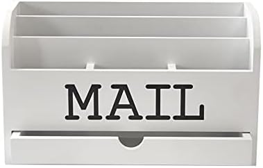 Cregugua White Desk Organizer Wooden Mail Storage box for tabletop office home,5 compartments with Drawer (4x11.8x7 in)