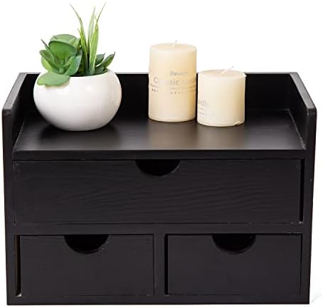 Rustic Distressed white 3-Tier Wood Desk Organizer with 3 Drawers Mini Storage Shelf For Desk, Toiletries Vanity Office Supplies (Black)