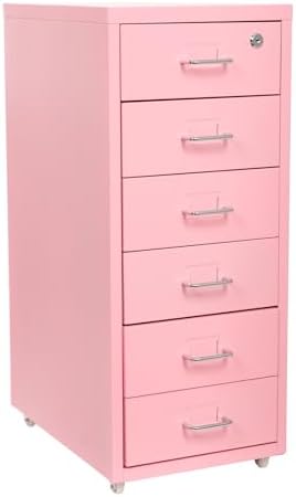 6 Drawer File Cabinet with Lock, Freestanding Filing Metal Drawers Organizer Vertical Metal Rolling Organizer Movable Under Desk Cabinet with Wheels for Home Office Living Room Study (6 Tiers Pink)