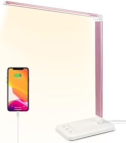 Led Desk Lamp, Desk Lamp with USB Charging Port, 5 Color Modes, 10 Brightness, Natural Light, Eye Caring Reading Lamp, Desk Light for Home Office, Table Lamp, Touch Control, Auto-Timer, Pink