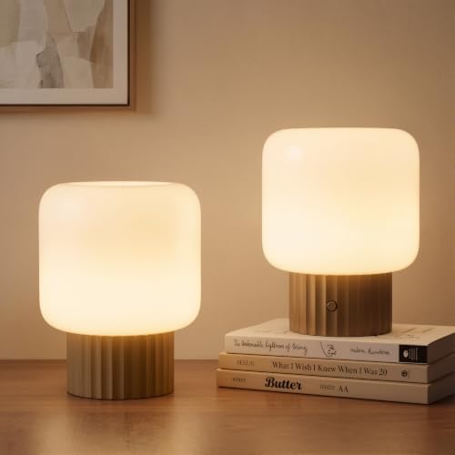 VOLISUN Mushroom Lamp, Cordless Rechargeable Table Lamp with Glass Shade, 3 Color Temperatures & Stepless Dimming, 5200mAh, Touch Control Bedside Lamps for Living Room, Bedroom, 2 Pack (Brown)