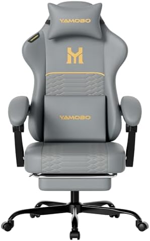 Gaming Chair with Footrest, Ergonomic Video Game Chair with Adjustable Lumbar and Headrest Massage Support,PU Leather High Back Recliner Comfortable for Office, Game and Study, Grey