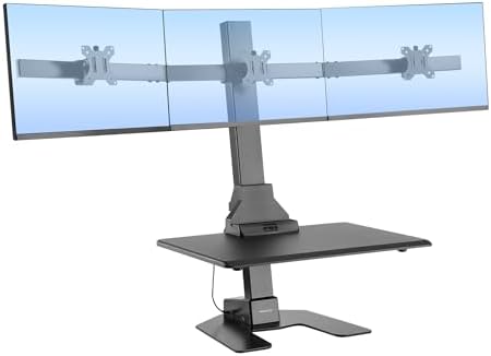 Mount-It! Triple Monitor Electric Standing Desk Converter - 3 Screens Stand Up Desk Riser - Height Adjustable Desktop & 3 Mounts for Screens up to 32", Sit-Stand Convertor for Home, Office, School